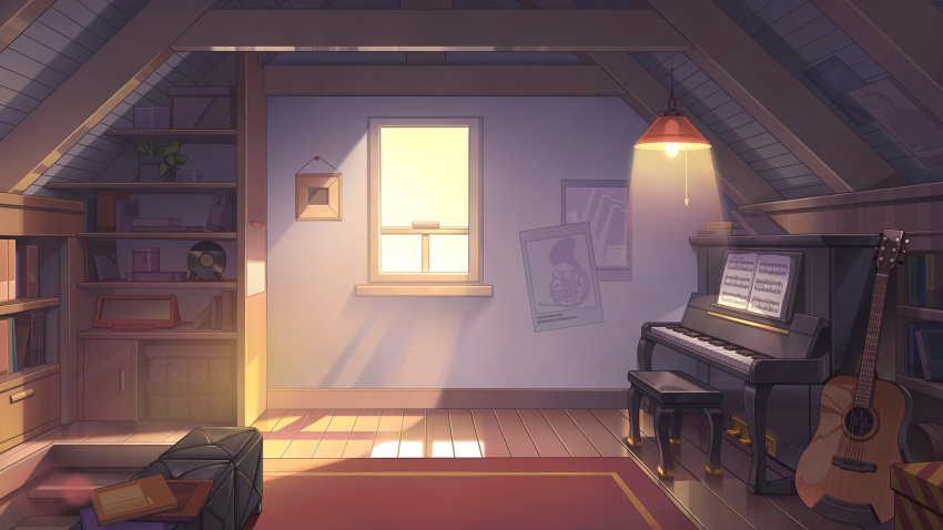 acoustic_guitar attic bookshelf box guitar hanging_light hanxiaodan highres indoors instrument lovebrush_chronicles no_humans official_art piano piano_bench picture_frame plant poster_(object) potted_plant record rug scenery sheet_music stairs stool sunlight window wooden_floor