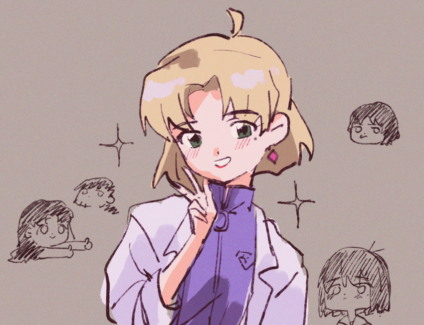 akagi_ritsuko blonde_hair blush earrings green_eyes highres jewelry lab_coat lipstick makeup malteie multiple_girls neon_genesis_evangelion simple_background smile thumbs_up