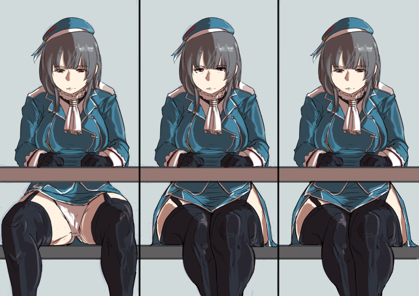 1girl ascot beret black_gloves black_hair black_skirt black_thighhighs blue_headwear blue_jacket commentary_request commission feet_out_of_frame garter_straps gloves grey_background hat jacket kantai_collection looking_at_viewer megakura_kinshi military_uniform multiple_views panties pantyshot pixiv_commission red_eyes short_hair sitting skirt spread_legs table takao_(kancolle) thighhighs underwear uniform white_ascot white_panties