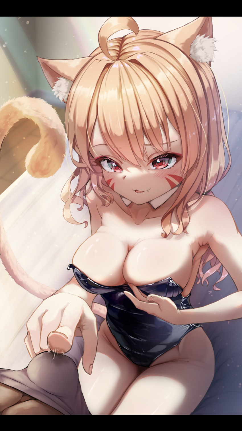 1boy 1girl absurdres ahoge animal_ear_fluff animal_ears blonde_hair blush breasts bulge cat_ears cat_girl cat_tail detached_collar erection erection_under_clothes facial_mark fang ferret_ears highres indie_virtual_youtuber leotard letterboxed long_hair medium_breasts nitoro_rorofusu precum red_eyes second-party_source shyrei_faolan sitting strapless strapless_leotard tail virtual_youtuber whisker_markings