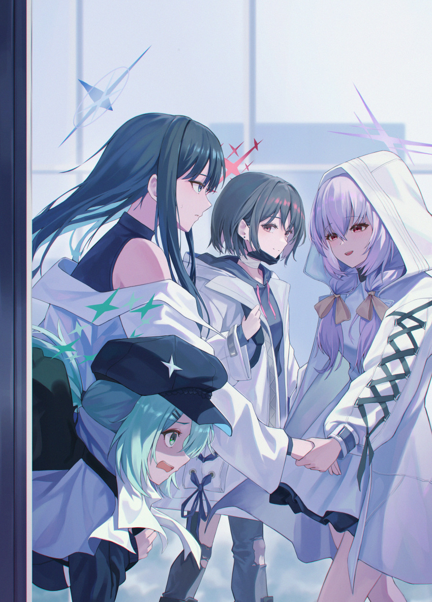 4girls absurdres aqua_eyes aqua_hair atsuko_(blue_archive) bandaged_neck bandages bare_shoulders black_headwear black_shirt blue_archive blue_eyes blue_hair coat commentary_request hair_ribbon highres hiyori_(blue_archive) hood hooded_coat jw_(wrdawrda) long_hair low_twintails misaki_(blue_archive) multiple_girls no_headwear off_shoulder purple_hair ribbon saori_(blue_archive) shirt sleeveless sleeveless_shirt twintails very_long_hair white_coat yellow_ribbon