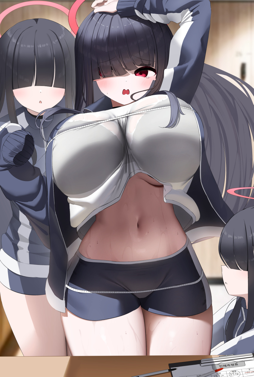 3girls absurdres arm_up black_hair black_shorts blue_archive blush breasts hair_over_eyes halo highres huge_breasts justice_task_force_member_(blue_archive) korean_text long_hair multiple_girls navel nicorima open_mouth red_eyes red_halo shorts stomach sweat tape_measure tears very_long_hair
