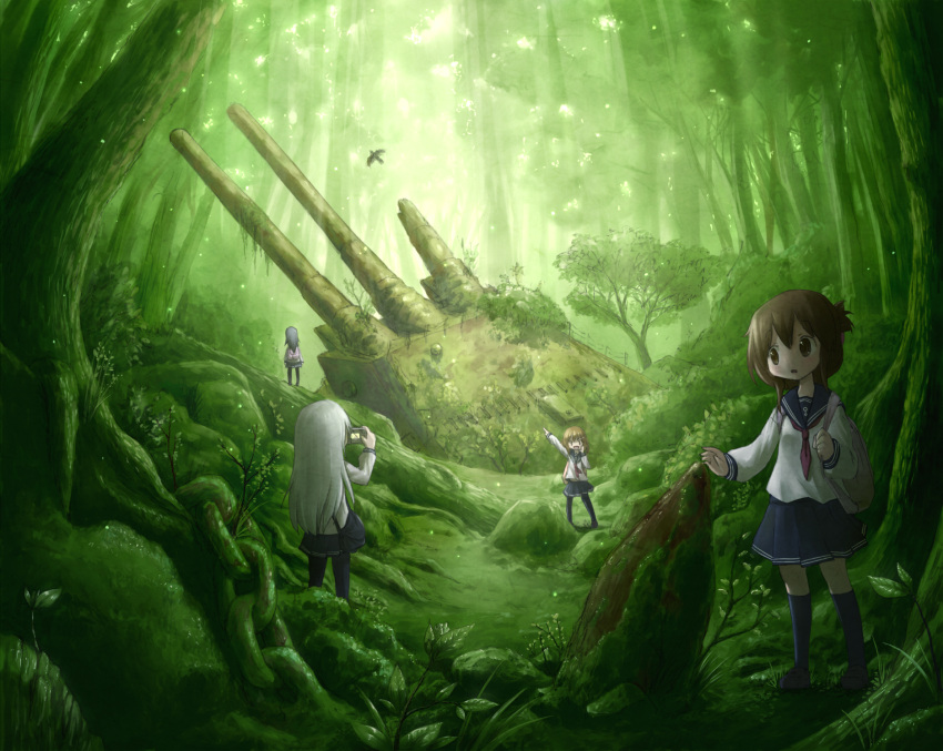 4girls akatsuki_(kancolle) anchor arinu arm_up backpack bag bird black_hair black_pantyhose blue_sailor_collar blue_skirt blue_socks blush brown_eyes brown_hair camera chain commentary_request day facing_away folded_ponytail forest grass grey_hair hands_up hibiki_(kancolle) highres holding holding_camera holding_strap ikazuchi_(kancolle) inazuma_(kancolle) kantai_collection kneehighs light_particles light_rays long_hair long_sleeves looking_at_another moss multiple_girls nature neckerchief no_headwear open_mouth outdoors overgrown pantyhose pleated_skirt pointing reaching red_neckerchief sailor_collar scenery school_uniform serafuku shirt shoes short_hair shoulder_bag shoulder_strap shouting_with_hands skirt socks standing sunbeam sunlight taking_picture tree turret white_shirt