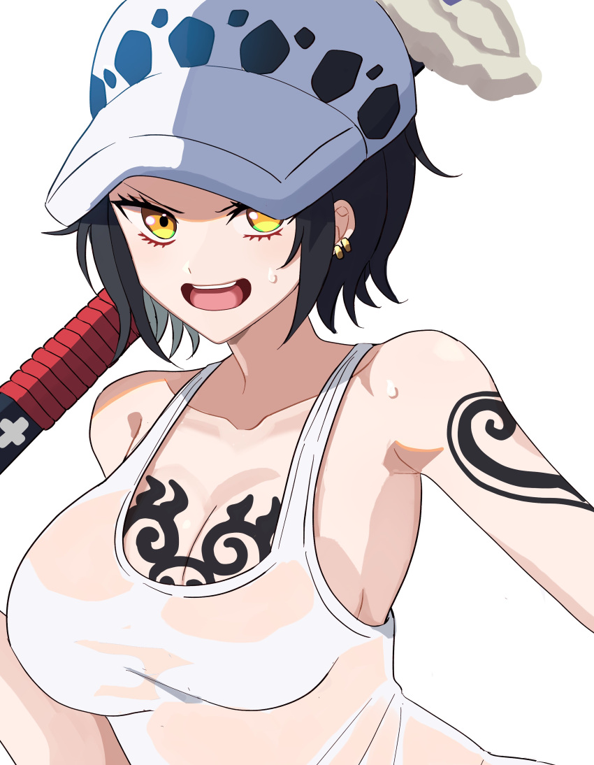 1girl absurdres arm_tattoo armpits bare_arms bare_shoulders black_hair breasts chest_tattoo earrings fur_hat genderswap genderswap_(mtf) hat highres holding holding_sword holding_weapon jaguar_print jewelry large_breasts looking_at_viewer one_piece open_mouth panther_print portrait shirt short_hair simple_background sleeveless sleeveless_shirt smile solo sori_6403 sweat sword tattoo teeth trafalgar_law upper_teeth_only weapon white_background white_shirt yellow_eyes