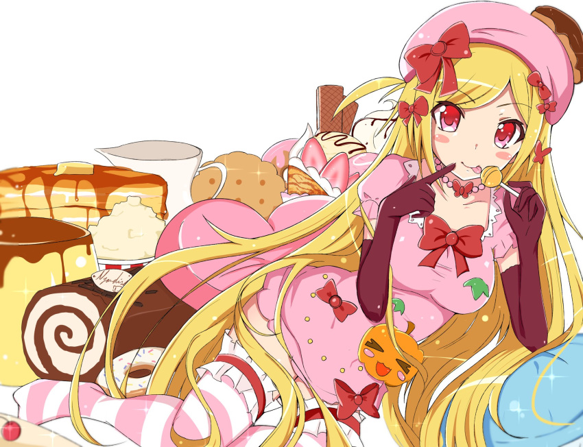 1girl :p artist_name bead_necklace beads beret blonde_hair blush_stickers breasts candy cherry collarbone cup doughnut elbow_gloves food food_on_head fruit gloves hair_ribbon hat heart heart-shaped_pillow highres holding holding_candy holding_food holding_lollipop ice_cream jewelry lambdadelta lollipop long_hair medium_breasts necklace nyandisk object_on_head one_side_up pancake pancake_stack pillow pink_eyes pink_headwear pink_thighhighs pointing pointing_at_self popcorn pudding puffy_short_sleeves puffy_sleeves purple_gloves red_ribbon ribbon short_sleeves signature simple_background solo sparkle striped_clothes striped_thighhighs swept_bangs teacup thighhighs tongue tongue_out umineko_no_naku_koro_ni very_long_hair white_background
