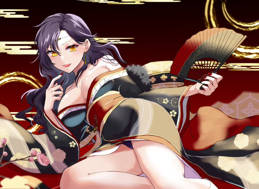 1girl alternate_costume azur_lane bare_shoulders black_hair black_kimono breasts circlet cleavage collarbone commission commissioner_upload cosplay earrings fingernails fire_emblem fire_emblem:_the_blazing_blade folding_fan friedrich_der_grosse_(azur_lane) friedrich_der_grosse_(azur_lane)_(cosplay) friedrich_der_grosse_(dark_raiments_of_gagaku)_(azur_lane) friedrich_der_grosse_(dark_raiments_of_gagaku)_(azur_lane)_(cosplay) fur-trimmed_kimono fur_trim hand_fan highres holding holding_fan japanese_clothes jewelry kimono large_breasts lipstick long_fingernails long_hair looking_at_viewer low_neckline makeup mature_female mu_tu_bu nabatame_hitomi nail_polish new_year non-web_source off_shoulder panties panty_peek pixiv_commission purple_panties red_nails red_sash sash smile solo sonia_(fire_emblem) thighs underwear voice_actor_connection yellow_eyes