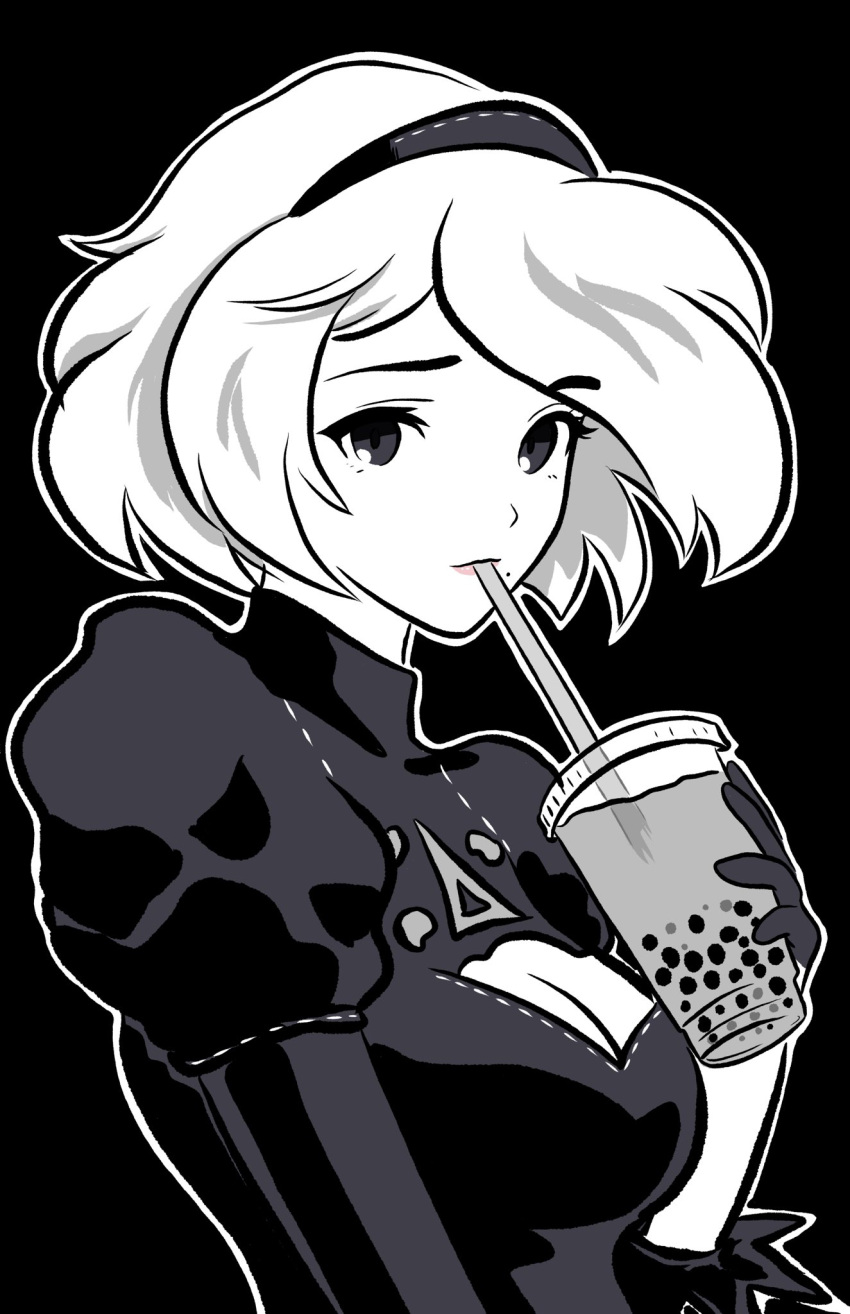 1girl 2b_(nier:automata) black_background black_dress black_headband breasts bubble_tea cleavage cleavage_cutout close-up clothing_cutout cup disposable_cup dress drink drinking drinking_straw drinking_straw_in_mouth english_commentary from_side greyscale headband highres holding holding_cup holding_drink johncaden long_sleeves looking_at_viewer looking_to_the_side medium_breasts monochrome nier:automata nier_(series) outline pink_lips portrait puffy_sleeves raised_eyebrow short_hair simple_background solo spot_color upper_body white_hair white_outline