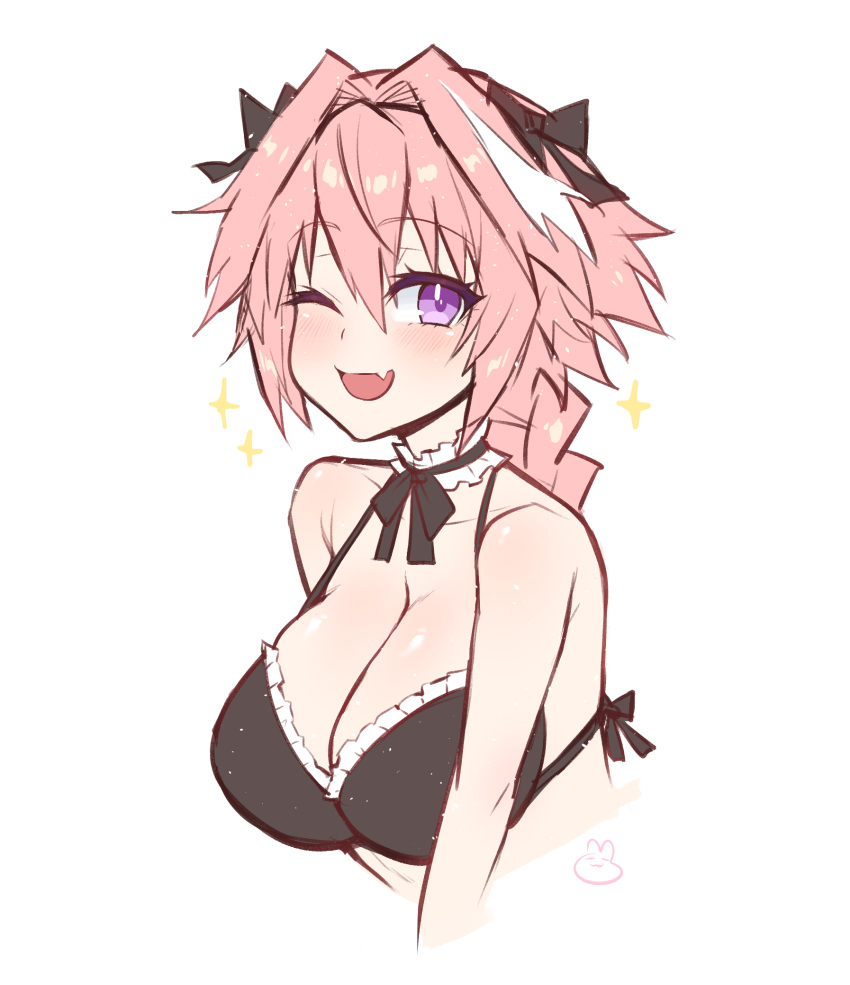 1girl artist_logo astolfo_(fate) black_bow black_bra bow bra braid breasts emu_(confisery) fang fate/apocrypha fate/grand_order fate_(series) frilled_bra frills genderswap genderswap_(mtf) hair_between_eyes hair_bow hair_intakes highres large_breasts long_hair multicolored_hair open_mouth pink_hair portrait purple_eyes simple_background single_braid skin_fang smile solo sparkle streaked_hair two-tone_hair type-moon underwear white_background white_hair