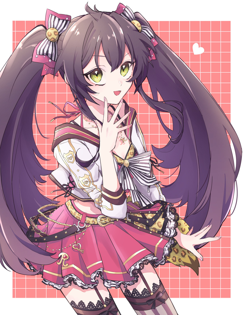 1girl absurdres belt black_hair blush bow crop_top garter_straps green_eyes hair_bow heart highres idolmaster idolmaster_cinderella_girls jewelry lace-trimmed_skirt lace-trimmed_thighhighs lace_trim long_hair looking_at_viewer matoba_risa necklace open_mouth pururu_ru6 skirt smile solo thighhighs twintails very_long_hair