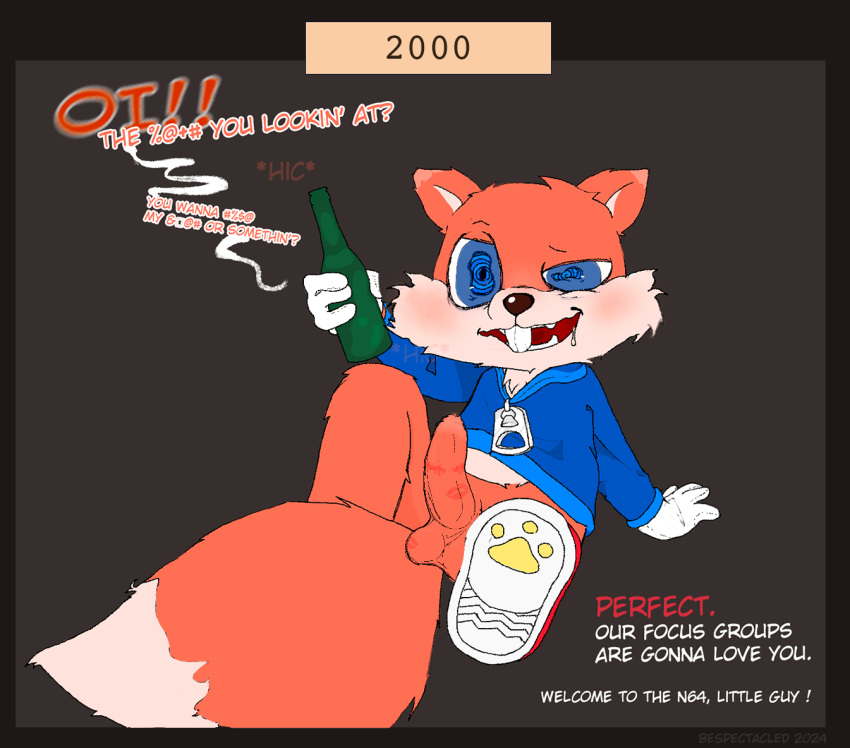 alcohol alcohol_bottle anthro beer bespectacled beverage blush bodily_fluids clothing conker conker's_bad_fur_day dialogue drooling drunk erection footwear fur genitals gloves handwear hoodie kiss_mark lipstick_on_penis male mammal offscreen_character orange_body orange_fur penis profanity rareware rodent saliva sciurid shoes sneakers sneakers_without_bottomwear solo spiral_eyes substance_intoxication topwear tree_squirrel