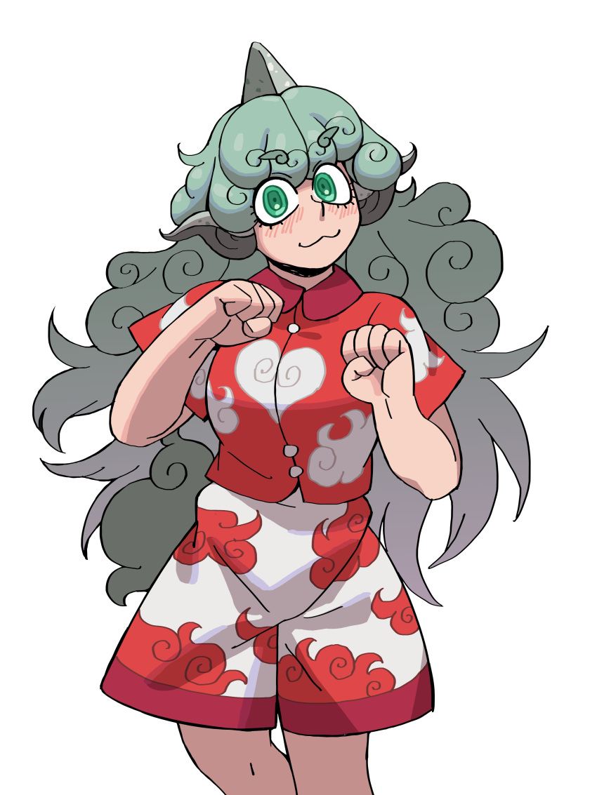 1girl :3 absurdres blush closed_mouth cloud_print collared_shirt commentary commission curly_hair eddybird55555 english_commentary green_eyes green_hair heart heart_print highres horns komano_aunn long_hair red_shirt ringed_eyes shirt short_sleeves shorts simple_background single_horn solo touhou white_background white_shorts