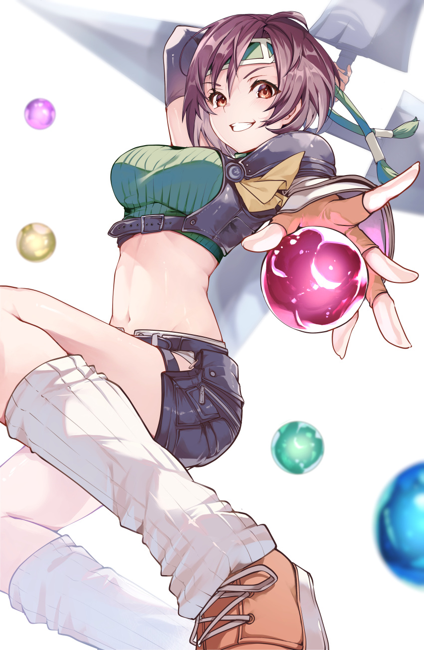 1girl absurdres arm_behind_head armor black_shorts blurry blurry_background blurry_foreground breasts brown_eyes brown_gloves brown_hair chest_harness commentary crop_top final_fantasy final_fantasy_vii final_fantasy_vii_remake fingerless_gloves foot_out_of_frame forehead_protector fuuma_shuriken gloves green_headband green_shirt green_sweater grin harness headband highres hip_vent holding holding_shuriken holding_weapon huge_weapon leg_warmers loose_socks materia midriff navel orange_footwear parted_lips pauldrons ribbed_socks ribbed_sweater risumi_(taka-fallcherryblossom) shirt shoes short_hair short_shorts shorts shoulder_armor shuriken simple_background single_pauldron sleeveless sleeveless_turtleneck smile socks solo sweater turtleneck turtleneck_sweater weapon white_background white_socks yuffie_kisaragi