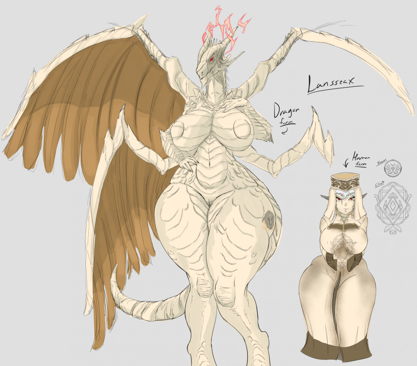 4_wings ancient_dragon_lansseax animal_humanoid anthro big_breasts breasts clothed clothing curvy_figure dragon dragon_humanoid elden_ring european_mythology female fromsoftware genitals hair hi_res horn humanoid light lighting membrane_(anatomy) membranous_wings multi_wing mythological_creature mythological_scalie mythology navel nipples nude pussy red_eyes scalie simple_background smile solo tail temporaryalien thick_thighs voluptuous western_dragon wide_hips wings