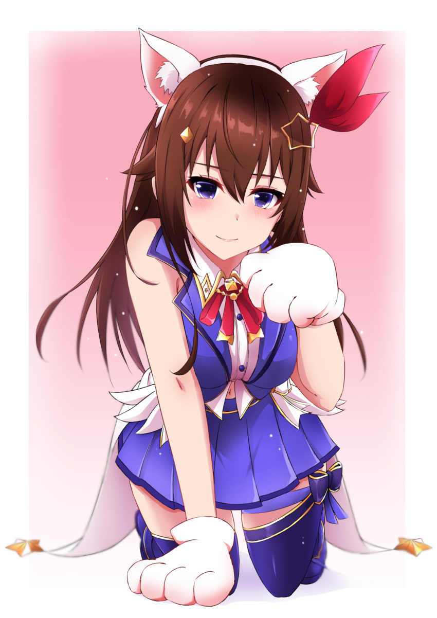 1girl animal_ear_fluff animal_ears animal_hands blue_eyes blue_thighhighs blue_vest blush breasts brown_hair cat_hair_ornament cat_paws cropped_shirt cropped_vest detached_hair diamond_hair_ornament fold-over_boots gloves hair_flaps hair_ornament hairclip highres hololive kemonomimi_mode kneeling leg_ribbon long_hair looking_at_viewer moezi navel paw_gloves paw_pose red_ribbon ribbon shirt skirt sleeveless sleeveless_shirt smile solo star_(symbol) star_hair_ornament thigh_ribbon thighhighs tokino_sora tokino_sora_(1st_costume) vest virtual_youtuber waist_cape white_shirt