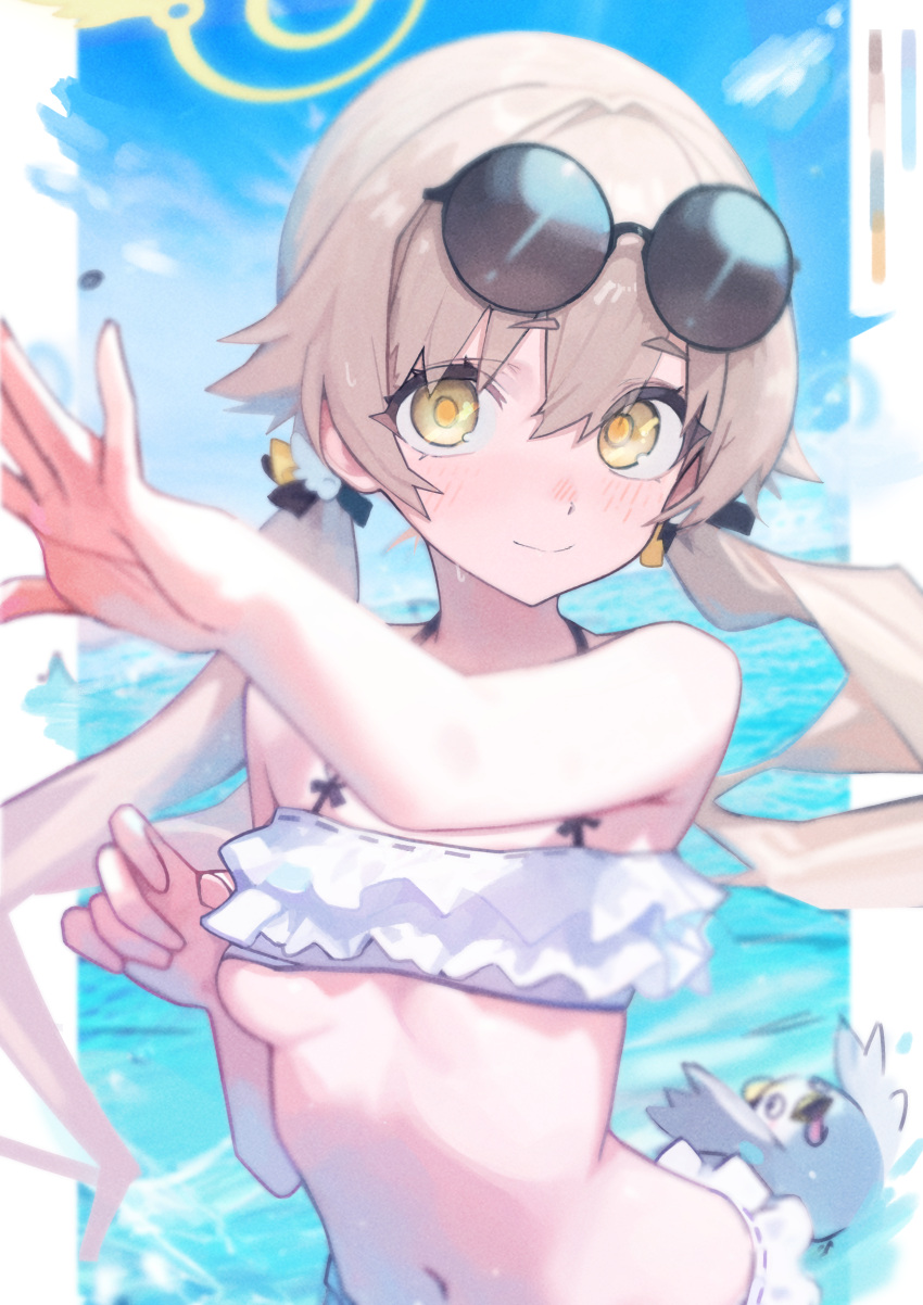 1girl absurdres bare_arms bare_shoulders bikini blue_archive blush breasts closed_mouth eyewear_on_head frilled_bikini frills halo hifumi_(blue_archive) hifumi_(swimsuit)_(blue_archive) highres light_brown_hair long_hair looking_at_viewer navel ocean official_alternate_costume peroro_(blue_archive) rehu small_breasts smile solo sunglasses swimsuit upper_body water white_bikini yellow_eyes yellow_halo