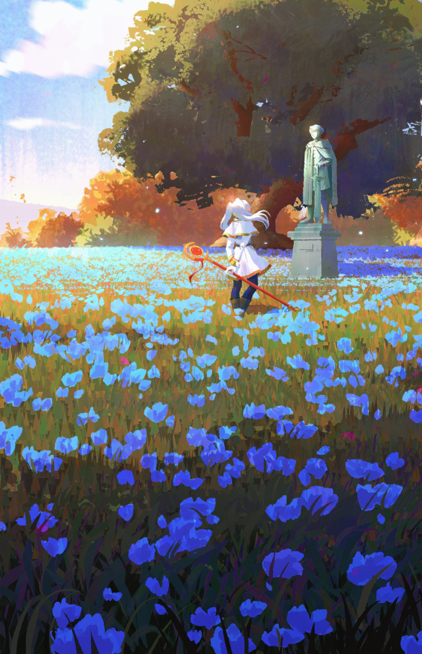 1girl absurdres arms_behind_back blue_flower blue_sky brown_footwear capelet cloud elf field flower flower_field frieren from_behind grass highres himmel_(sousou_no_frieren) holding holding_staff long_hair mage_staff outdoor_unit outdoors pointy_ears poupee_(capo_sung) scenery sky sousou_no_frieren staff standing statue tree twintails white_capelet white_hair