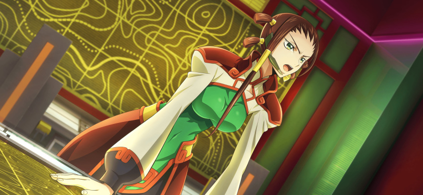 1girl arm_support artist_request bangs_pinned_back bodysuit bodysuit_under_clothes breasts brown_hair chair chinese_clothes clothing_cutout code_geass code_geass:_lost_stories collarbone covered_navel earpiece forehead game_cg green_bodysuit green_eyes hair_tie hair_tubes highres indoors leaning_forward long_hair long_sleeves medium_breasts monitor non-web_source official_art open_mouth quad_tails shrug_(clothing) skin_tight solo standing teeth v-shaped_eyebrows zhou_xianglin