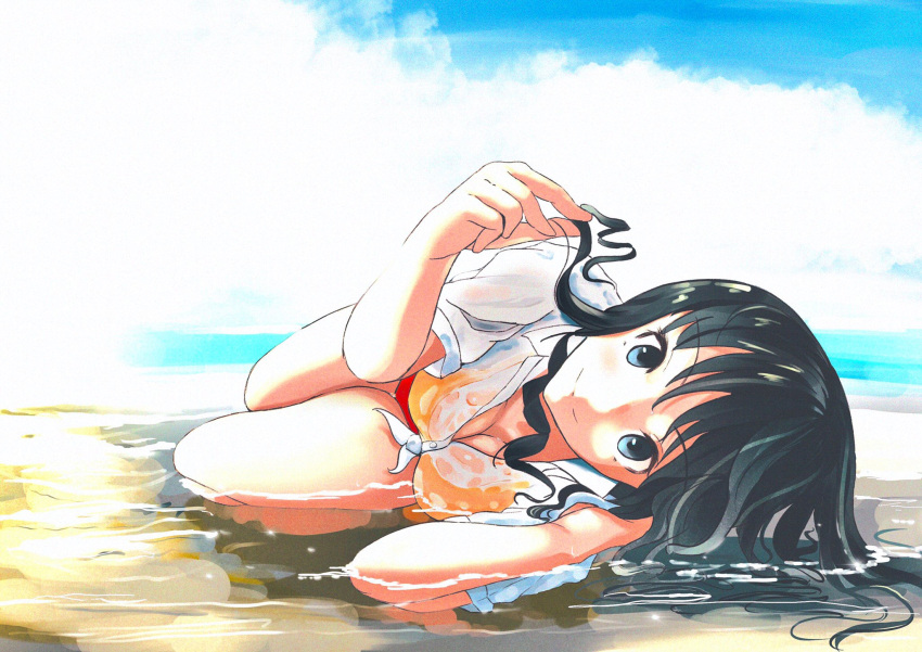 1girl amagami black_hair blue_eyes bra bra_visible_through_clothes breasts cleavage closed_mouth curly_hair highres horizon irodori-classical long_hair looking_at_viewer lying medium_breasts morishima_haruka on_back on_ground on_side outdoors playing_with_own_hair shirt sky smile solo thighs underwear water wet wet_clothes white_shirt yellow_bra