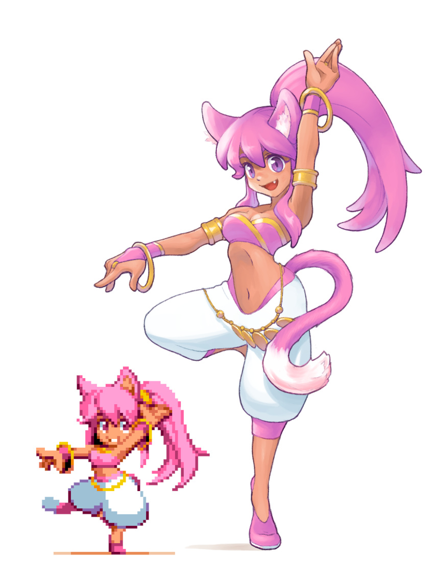 1girl animal_ears armlet baggy_pants cat_ears cat_tail dancer dress fang fingerless_gloves gloves gold_bracelet hair_between_eyes highres navel original pants pink_eyes pink_footwear pink_hair pink_tank_top pixel_art pixelflag ponytail sleeveless sleeveless_dress smile standing standing_on_one_leg tail tank_top white_pants