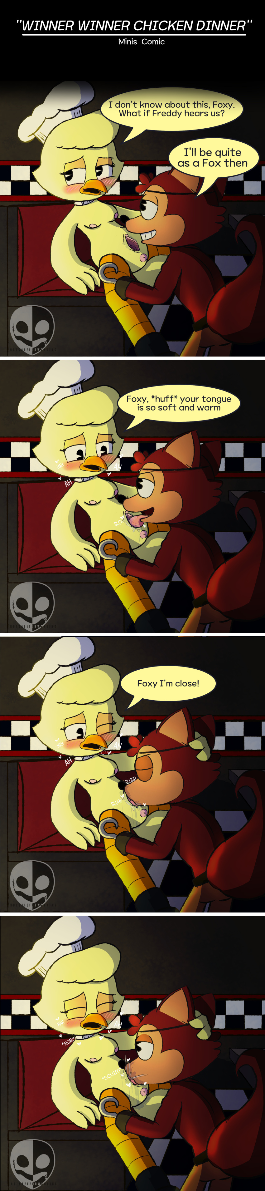 absurd_res ambiguous_gender animatronic anthro avian beak bird blush bodily_fluids breasts canid canine chica_(fnaf) chicken comic comic_panel cunnilingus dialogue digital_media_(artwork) duo english_text eye_patch eyewear feathers female five_nights_at_freddy's five_nights_at_freddy's_2 fox foxy_(fnaf) galliform gallus_(genus) genital_fluids genitals hi_res lagomorph long_image machine male male/female mammal nipples notsafeforwanking nude oral phasianid pussy red_body robot scottgames sex speech_bubble tail tall_image text tongue tongue_out vaginal wings