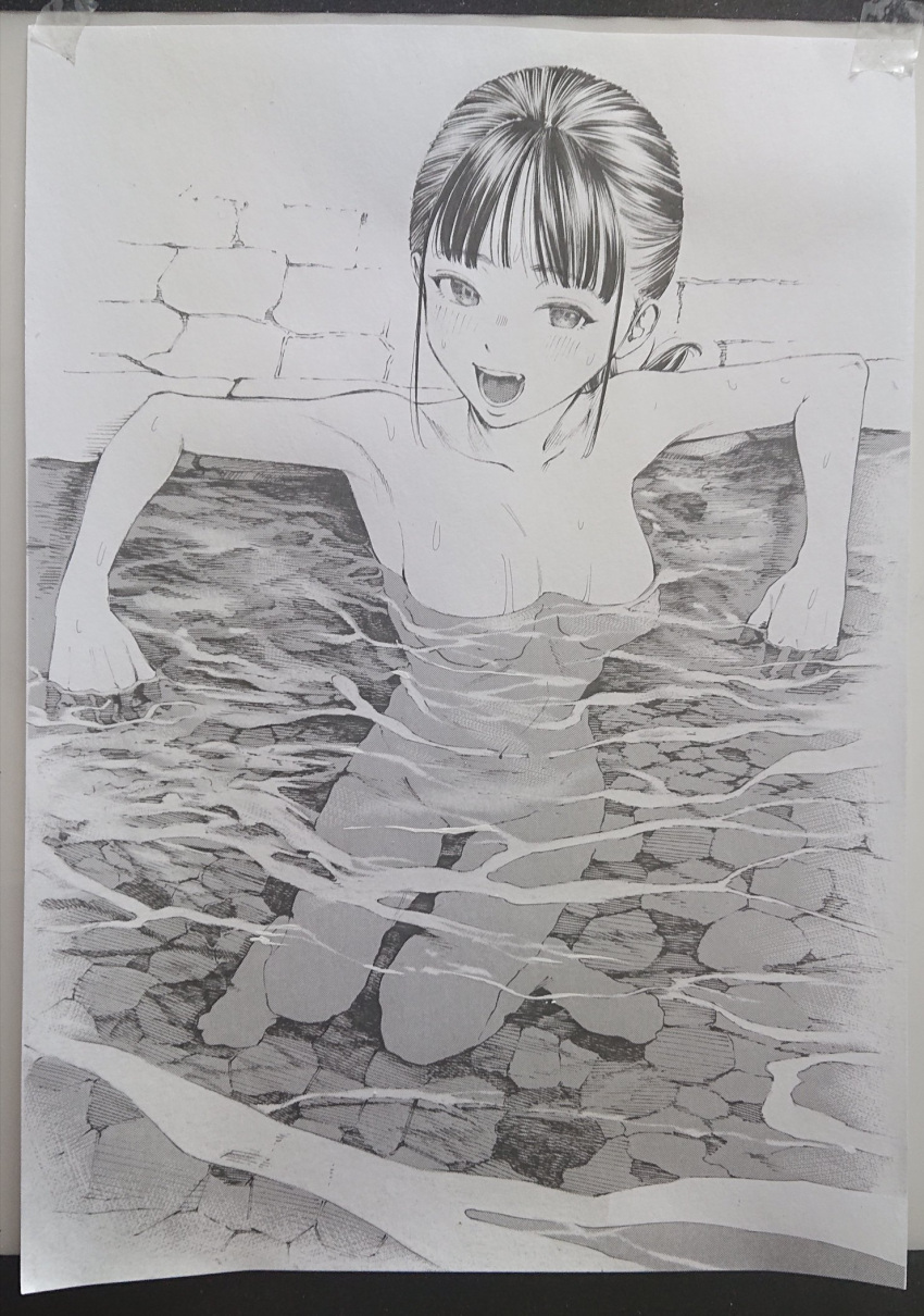 1girl blush breasts completely_nude gagaimo graphite_(medium) greyscale highres looking_at_viewer medium_breasts medium_hair monochrome nude onsen open_mouth original partially_submerged photo_(medium) smile solo traditional_media water wet
