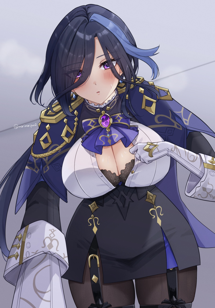 1girl adapted_costume ascot black_hair blue_hair blush bra breasts cleavage clorinde_(genshin_impact) corset epaulettes genshin_impact gloves highres large_breasts long_hair looking_at_viewer morimiya_(mori) no_headwear pantyhose pov purple_eyes reaching reaching_towards_viewer shirt solo unbuttoned underwear white_gloves white_shirt