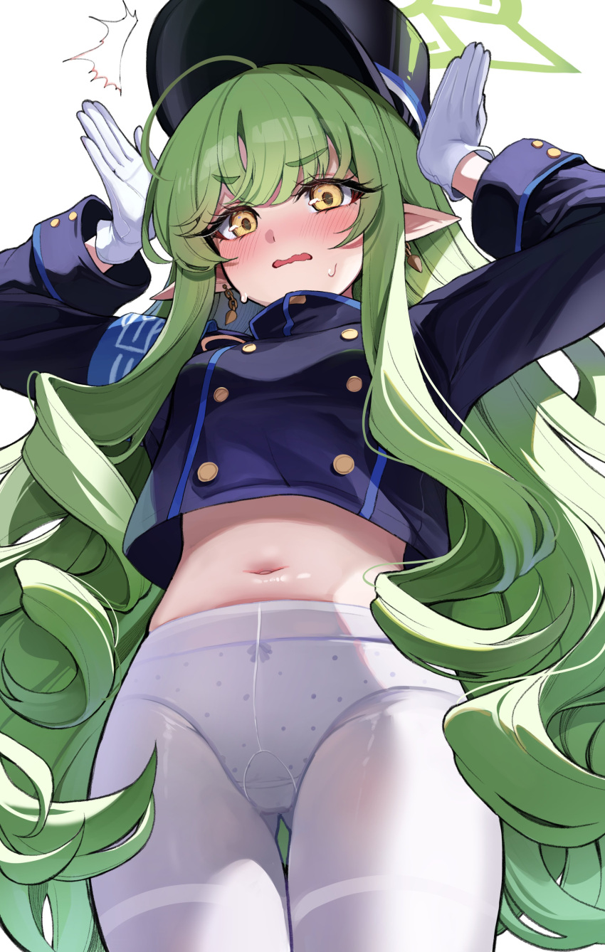 1girl ^^^ absurdres armband arms_up ass_visible_through_thighs blue_archive blue_armband blue_shirt blush commentary cropped_shirt from_below gloves green_hair halo hat highlander_sidelocks_conductor_(blue_archive) highres long_hair long_sleeves navel open_mouth panties panties_under_pantyhose pantyhose peaked_cap pointy_ears polka_dot polka_dot_panties sak_(lemondisk) shirt simple_background solo stomach sweat symbol-only_commentary underwear wavy_hair wavy_mouth white_background white_gloves white_panties white_pantyhose yellow_eyes yellow_halo