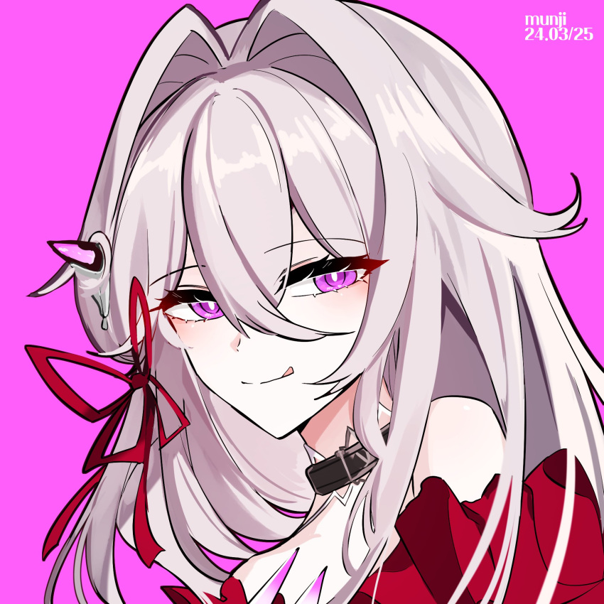 1girl artist_name bare_shoulders black_collar blush breasts character_request closed_mouth collar commentary_request dated grey_hair hair_between_eyes hair_intakes hair_ribbon half-closed_eyes highres honkai_(series) honkai_impact_3rd korean_commentary licking_lips long_hair looking_at_viewer medium_breasts munji412 pink_background purple_eyes red_ribbon ribbon simple_background smile solo tongue tongue_out upper_body