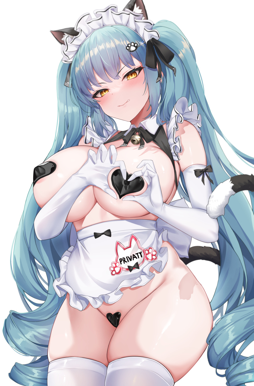 1girl absurdres animal_ears apron aqua_hair bell black_ribbon blush breasts cat_ears cat_tail cowboy_shot deogho_(liujinzy9854) detached_collar elbow_gloves gloves goddess_of_victory:_nikke hair_ornament hair_ribbon heart heart_hands heart_pasties highres jingle_bell large_breasts long_hair looking_at_viewer maid maid_headdress pasties paw_hair_ornament privaty_(nikke) ribbon simple_background solo tail thighhighs twintails very_long_hair waist_apron white_background white_gloves white_thighhighs wide_hips yellow_eyes