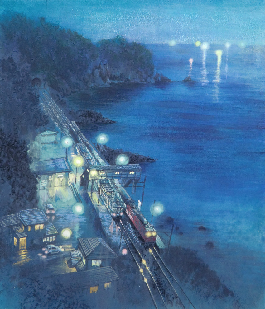 115_series absurdres building highres horizon night night_sky ocean original railroad_tracks rural scenery shore sky tanamachi_yoshihiro train train_station train_station_platform water