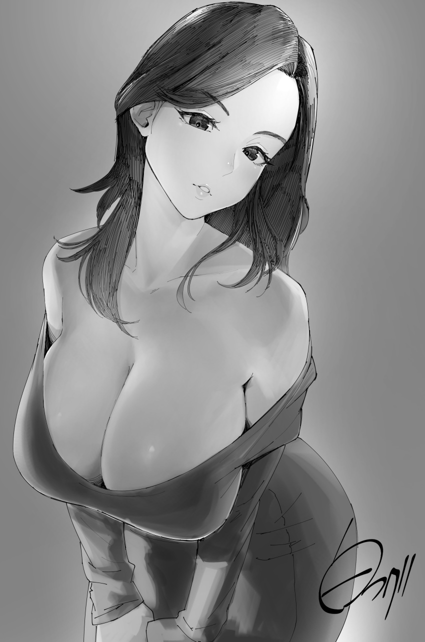 1girl absurdres animification artist_name breasts bunny_ayumi cleavage collarbone dress grey_background greyscale head_tilt highres large_breasts long_hair looking_at_viewer monochrome off_shoulder parted_lips real_life shirofugu solo