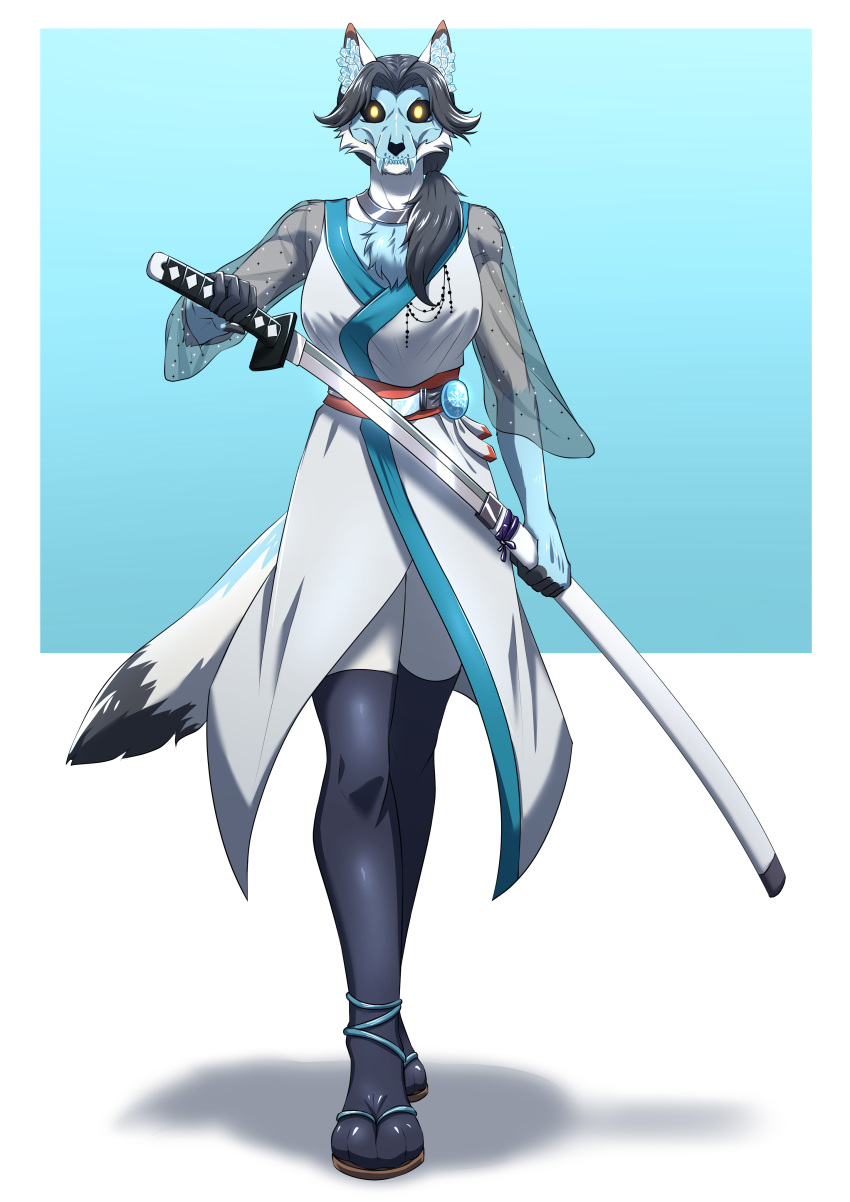 absurd_res anthro blue_body blue_fur canid canine canis clothed clothing digital_media_(artwork) female fur glowing glowing_eyes grey_hair hair hi_res ice katana leggings legwear mammal melee_weapon neck_tuft putai22 shiver_(shai_dreamcast) simple_background skull_dog solo standing sword tail tuft weapon white_body white_fur wolf