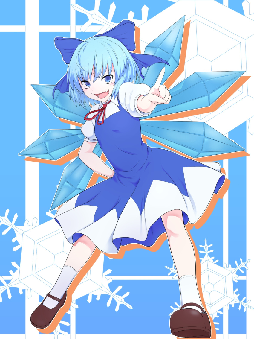 1girl black_footwear blue_background blue_bow blue_dress blue_eyes blue_hair bow cirno commentary commentary_request detached_wings dress fang full_body hair_bow highres ice ice_wings kakone looking_at_viewer open_mouth pointing shirt short_sleeves skin_fang smile snowflakes socks solo touhou undershirt white_shirt white_socks wings