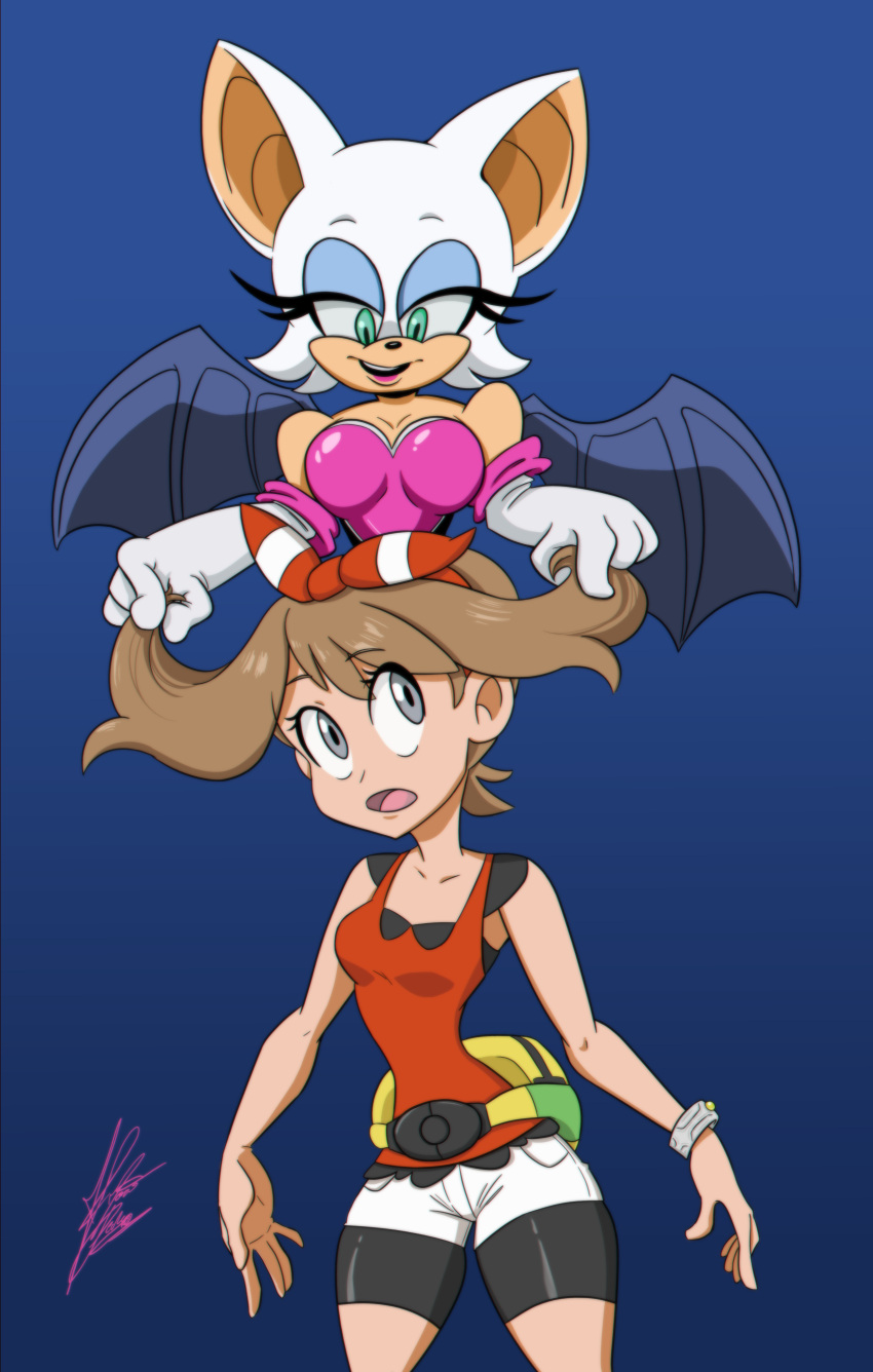 absurd_res anthro armwear bat breasts clothing crossover duo elbow_gloves eyeshadow female fur gloves hair handwear hi_res human joepopls light_body light_skin makeup mammal may_(pokemon) membrane_(anatomy) membranous_wings narrowed_eyes nintendo pokemon rouge_the_bat sega simple_background sonic_the_hedgehog_(series) tan_body tan_skin white_body white_fur wings