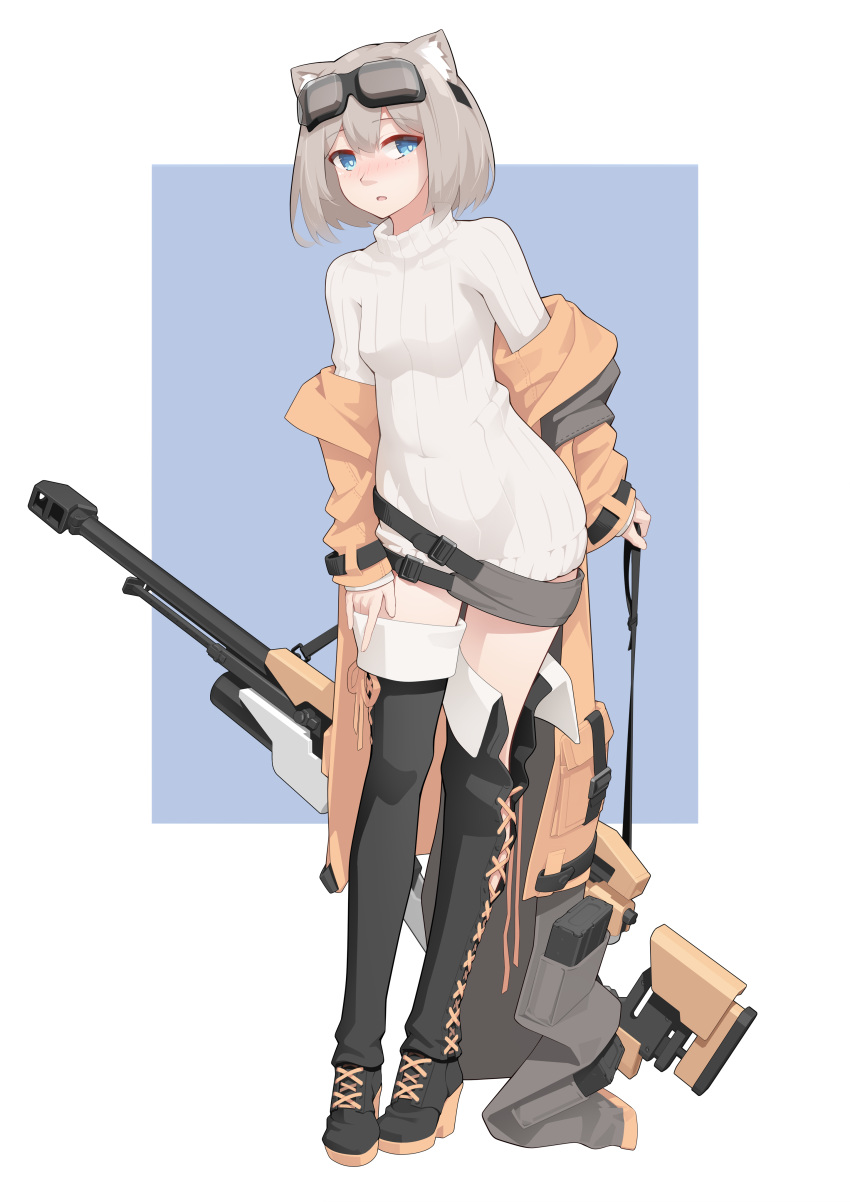 1girl absurdres belt blonde_hair blue_eyes blush bob_cut boots borrowed_character breasts coat dress goggles goggles_on_head gun highres looking_at_viewer muzzle_device open_clothes original ribbed_sweater rifle short_hair simple_background small_breasts sniper_rifle sweater sweater_dress thigh_boots turtleneck turtleneck_sweater vectorek weapon white_sweater yellow_coat