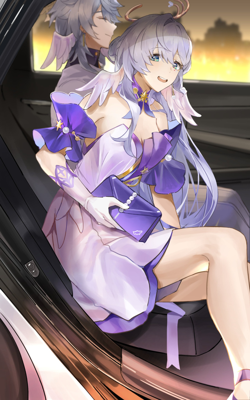 1boy 1girl :d absurdres aqua_eyes bare_shoulders brother_and_sister closed_eyes commentary detached_sleeves dress feet_out_of_frame gloves grey_hair gyoju_(only_arme_nim) head_wings highres holding honkai:_star_rail honkai_(series) long_hair looking_at_viewer open_mouth robin_(honkai:_star_rail) short_dress short_sleeves siblings sitting smile strapless strapless_dress sunday_(honkai:_star_rail) very_long_hair white_dress white_gloves wings