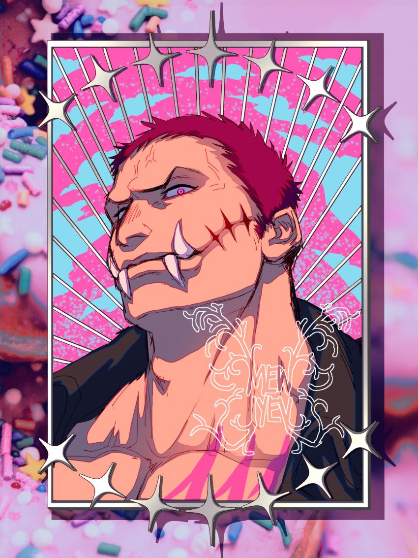 1boy adam's_apple bara charlotte_katakuri frown head_tilt highres inset_border looking_at_viewer male_focus mewiyev muscular muscular_male one_piece pectorals pink_hair portrait short_hair solo sparkle_background stitches thick_neck tusks veiny_face