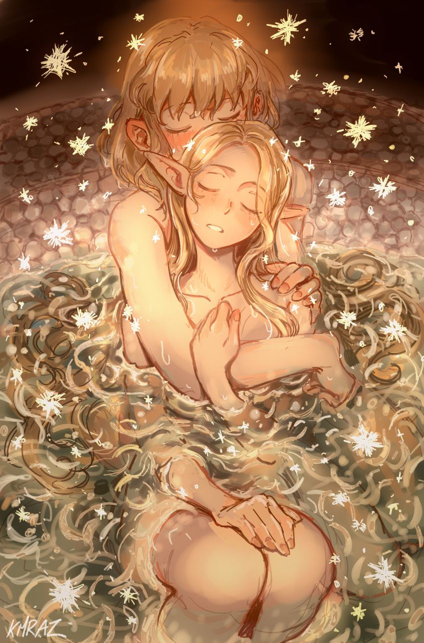 2girls blonde_hair blush closed_eyes collarbone completely_nude dungeon_meshi elf falin_thorden hand_on_own_knee highres hug hug_from_behind kmraz6 marcille_donato multiple_girls nude partially_submerged pointy_ears shared_bathing water wet wet_hair yuri