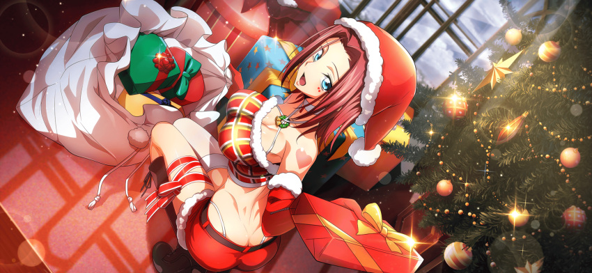 1girl artist_request ass back bare_shoulders belt black_footwear blue_eyes body_markings boots bow box breasts butt_crack choker christmas christmas_ornaments christmas_tree cleavage code_geass code_geass:_lost_stories collarbone crop_top dimples_of_venus dutch_angle elbow_gloves facial_mark from_behind full_body fur-trimmed_gloves fur-trimmed_headwear fur-trimmed_shirt fur-trimmed_shorts fur_trim game_cg gift gift_box gloves green_bow hair_intakes hand_up happy hat heart high_heels highleg highleg_panties highres holding holding_box holding_sack incoming_gift indoors knee_boots kouzuki_kallen large_breasts leg_ribbon legs_together looking_at_viewer looking_back midriff non-web_source official_art open_mouth panties plaid plaid_shirt pom_pom_(clothes) red_gloves red_hair red_hat red_ribbon red_shirt red_shorts ribbon sack santa_hat shirt short_hair short_shorts shorts sidelocks single_thighhigh sleeveless sleeveless_shirt smile solo sparkle squatting star_(symbol) string_panties thighhighs underwear white_choker white_panties white_thighhighs window yellow_bow zipper