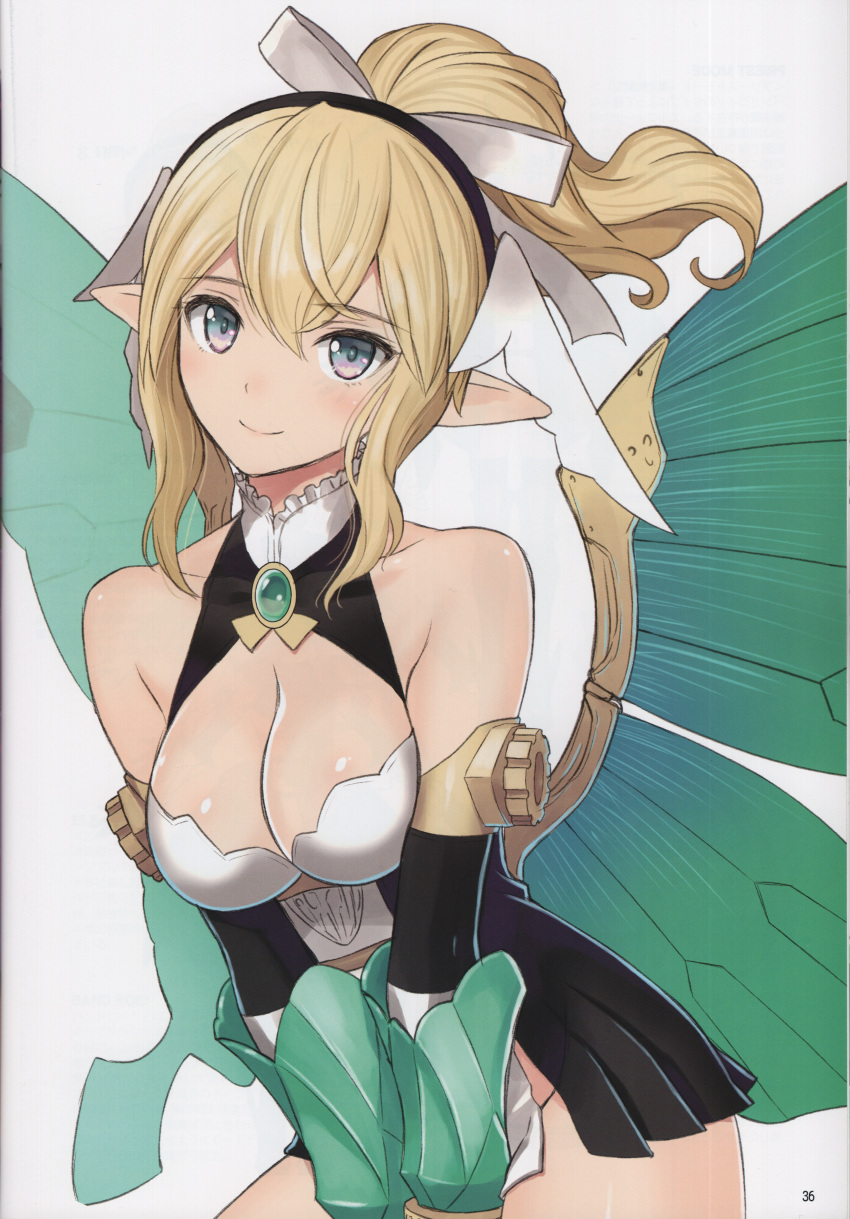 1girl absurdres bare_shoulders blonde_hair blush bow breasts cleavage closed_mouth elf guilty_princess hair_bow hair_ornament highres long_hair looking_at_viewer mechanical_wings medium_breasts page_number pointy_ears ponytail scan shiny_skin sidelocks simple_background sleeveless smile solo thighs tony_taka white_background wings