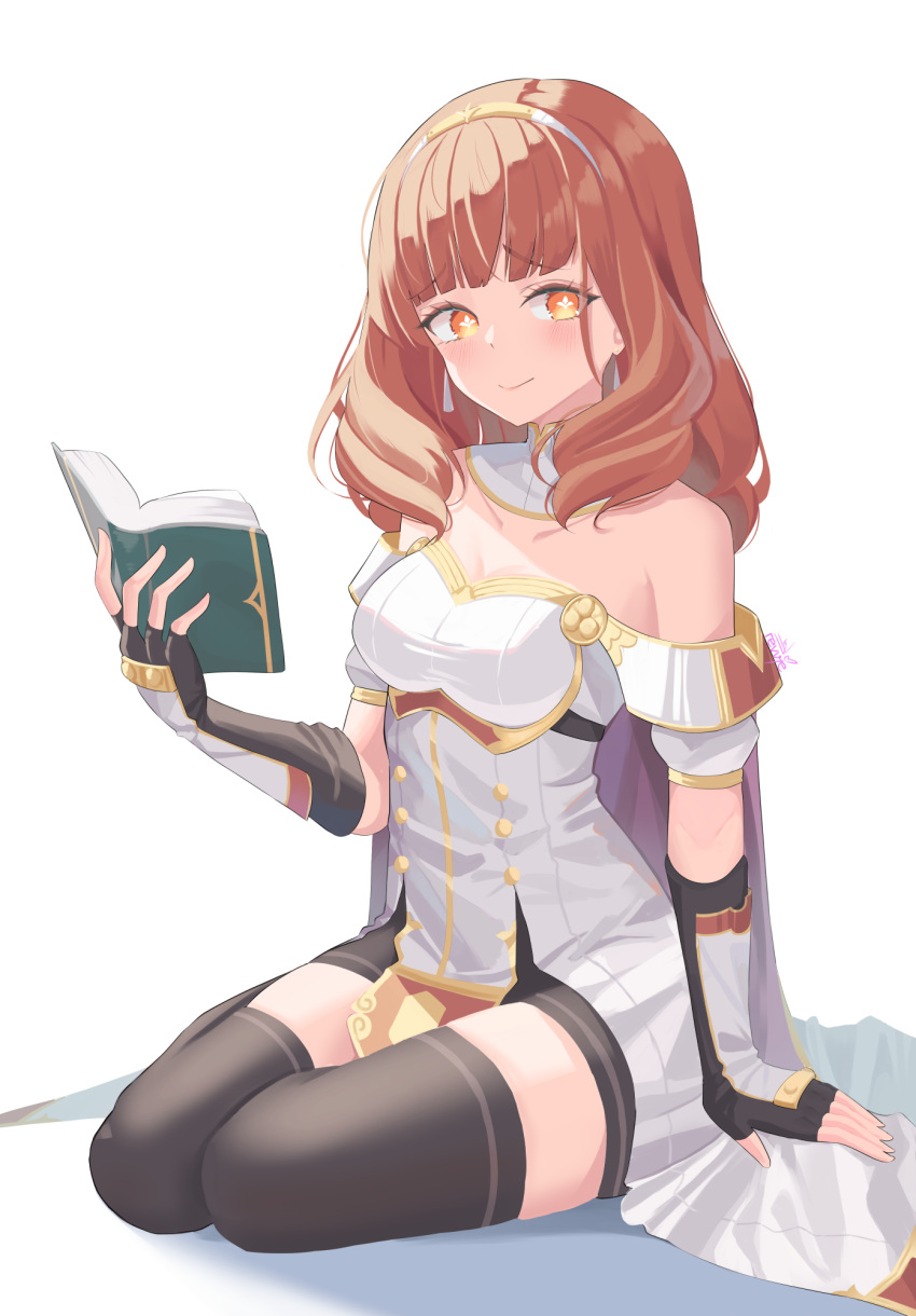 1girl bare_shoulders black_gloves black_thighhighs book brown_hair buttons cape celica_(fire_emblem) choker collarbone commentary detached_collar dress elbow_gloves fingerless_gloves fire_emblem fire_emblem_echoes:_shadows_of_valentia gloves highres holding holding_book looking_at_viewer off-shoulder_dress off_shoulder orange_eyes revvie shy simple_background solo symbol-shaped_pupils thighhighs tiara white_background white_dress