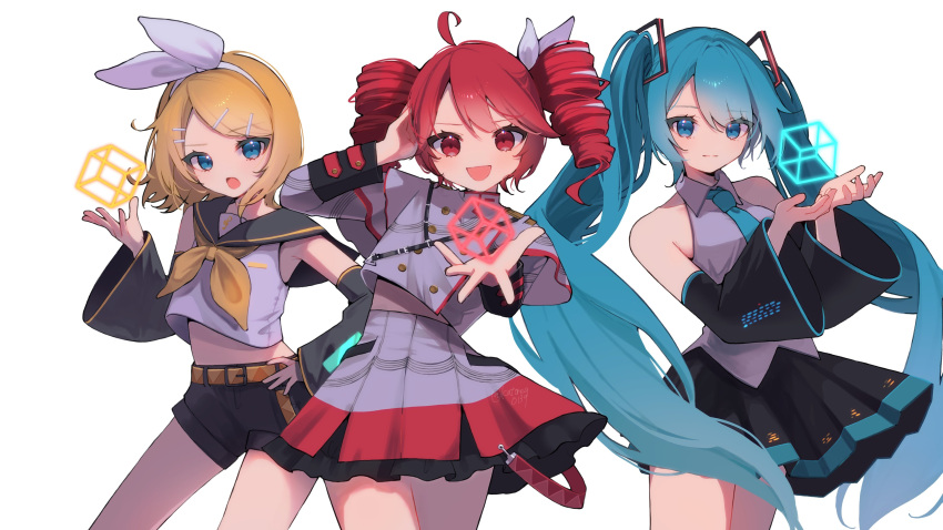 3girls absurdres ahoge aqua_eyes aqua_hair bare_shoulders black_sailor_collar black_shorts black_skirt blonde_hair blue_eyes blue_hair blush bow buttons cropped_shirt cube detached_sleeves double-breasted drill_hair grey_jacket grey_shirt grey_skirt hair_bow hair_ornament hairclip hand_on_own_head hand_on_own_hip hatsune_miku highres holding_cube jacket kagamine_rin kasane_teto kasane_teto_(sv) katorea long_hair long_sleeves looking_at_viewer midriff midriff_peek multiple_girls neckerchief necktie open_mouth pleated_skirt red_eyes red_hair ribbon sailor_collar shirt short_hair shorts simple_background skirt sleeve_cuffs smile synthesizer_v twin_drills twintails utau very_long_hair vocaloid white_background white_bow white_shirt yellow_neckerchief