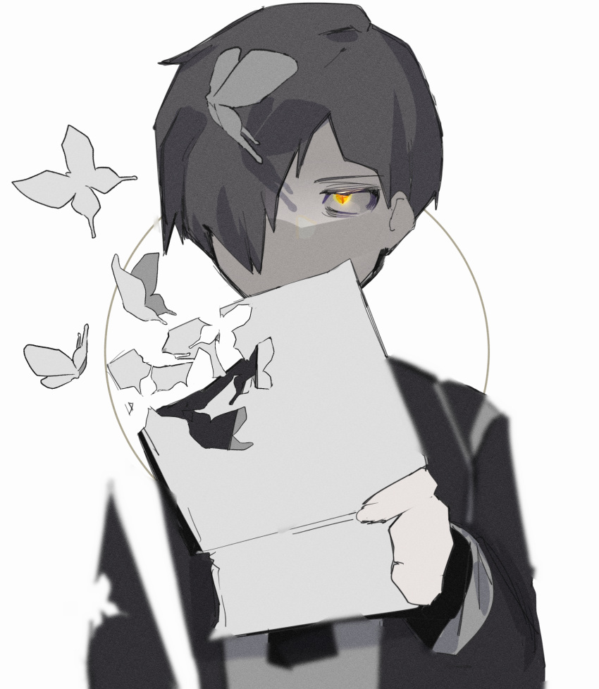 1boy broken bug butterfly coat expressionless greyscale hand_up highres holding holding_paper library_of_ruina looking_at_viewer madotsuki_ren monochrome paper project_moon serious simple_background solo spot_color yellow_eyes yesod_(project_moon)