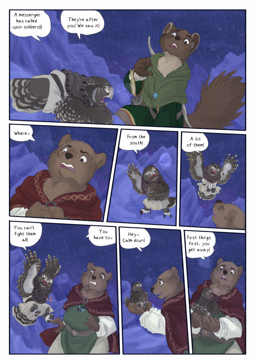 2024 5_fingers anthro avian beak bear biped bird bjekkergauken brown_bear brown_body brown_feathers brown_fur claws colored comic dialogue dialogue_box english_text feather_hands feathers feet female feral fingers flying fur group gulonine herja_(bjekkergauken) hi_res larger_anthro larger_female mammal marten mustelid musteline night outside owl pine_marten scar shirin_(bjekkergauken) size_difference smaller_feral snow snowing speech_bubble talons text toe_claws toes trio ursine yellow_eyes