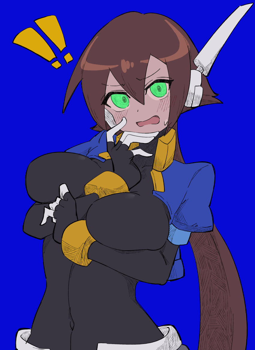 ! !! 1girl absurdres aile_(mega_man_zx) arms_under_breasts black_bodysuit blue_background blue_jacket blush bodysuit bodysuit_under_clothes breasts brown_hair buzzlyears covered_collarbone covered_navel cropped_jacket green_eyes highres jacket large_breasts long_hair mega_man_(series) mega_man_zx mega_man_zx_advent open_clothes open_jacket pointing pointing_at_viewer ponytail robot_ears short_sleeves shorts simple_background solo upper_body white_shorts