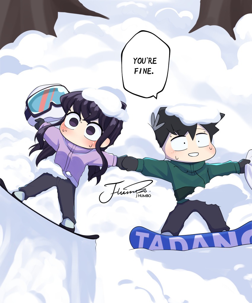 1boy 1girl absurdres artist_name black_gloves black_hair black_pants character_name chibi commentary english_text flower full_body gloves goggles green_jacket hair_flower hair_ornament highres holding_hands j_humbo jacket komi-san_wa_komyushou_desu komi_shouko long_hair looking_to_the_side lying no_mouth no_nose on_back outstretched_arms pants purple_eyes purple_hair purple_jacket short_hair signature ski_goggles snow_on_body snow_on_head snowboard sweat tadano_hitohito