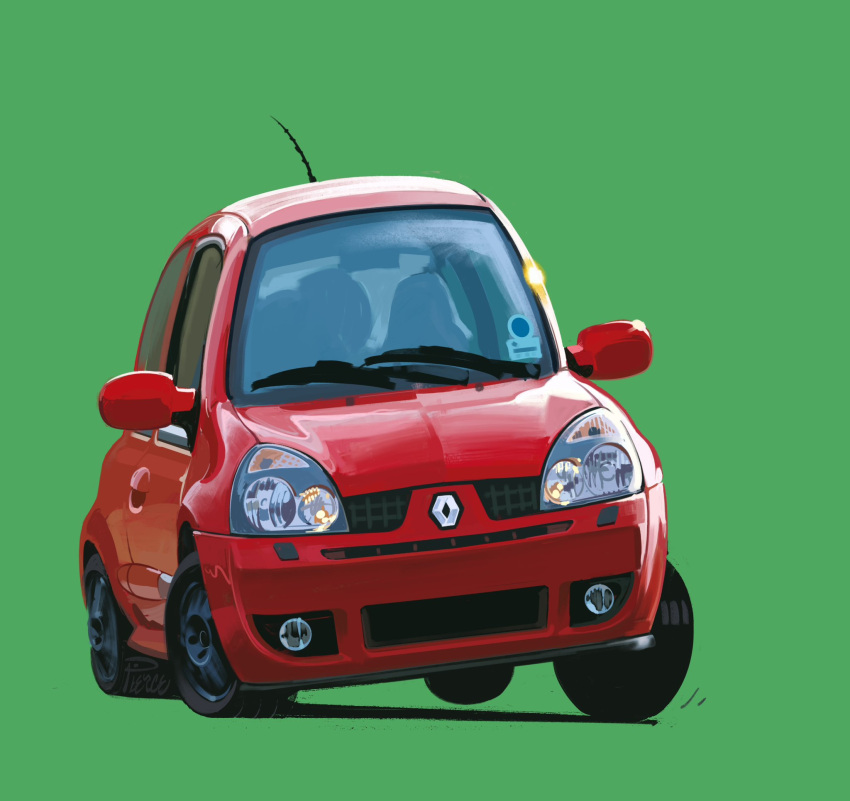 car chibi english_commentary green_background highres motor_vehicle original radio_antenna red_car renault renault_clio shadow simple_background vehicle_focus will_pierce