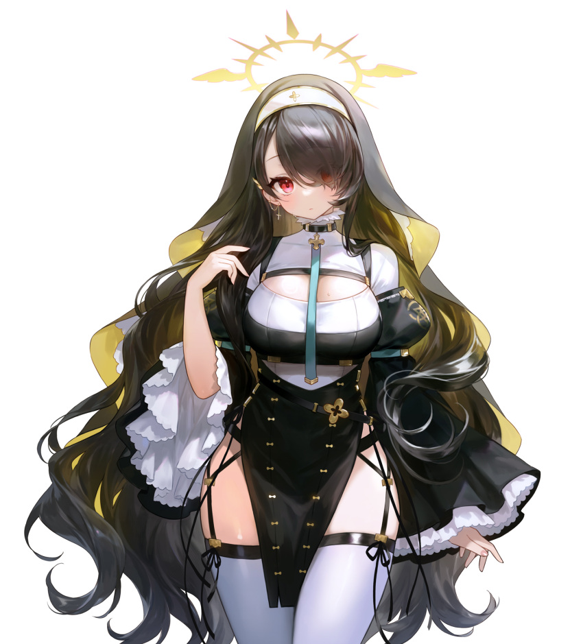 1girl adelie_cat black_choker black_hair blue_archive blush breasts choker closed_mouth coif cowboy_shot earrings eyes_visible_through_hair habit hair_over_one_eye halo highres hinata_(blue_archive) jewelry large_breasts long_hair long_sleeves looking_at_viewer nun red_eyes simple_background sleeve_garter solo thighhighs white_background white_thighhighs wide_sleeves yellow_halo