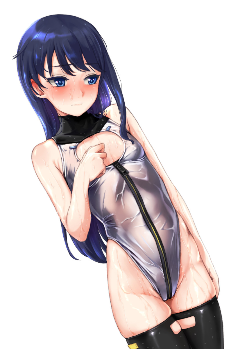 1girl absurdres alice_gear_aegis black_thighhighs blue_eyes blue_hair breasts character_request circle_cutout cleavage_cutout clothing_cutout companion/af covered_collarbone dutch_angle front_zipper full-length_zipper highleg highleg_leotard highres leotard long_hair mutsumura_ryuuichi race_queen simple_background sleeveless_turtleneck_leotard small_breasts solo thighhighs turtleneck_leotard two-tone_leotard wet wet_clothes white_background white_leotard zipper zipper_leotard zipper_pull_tab