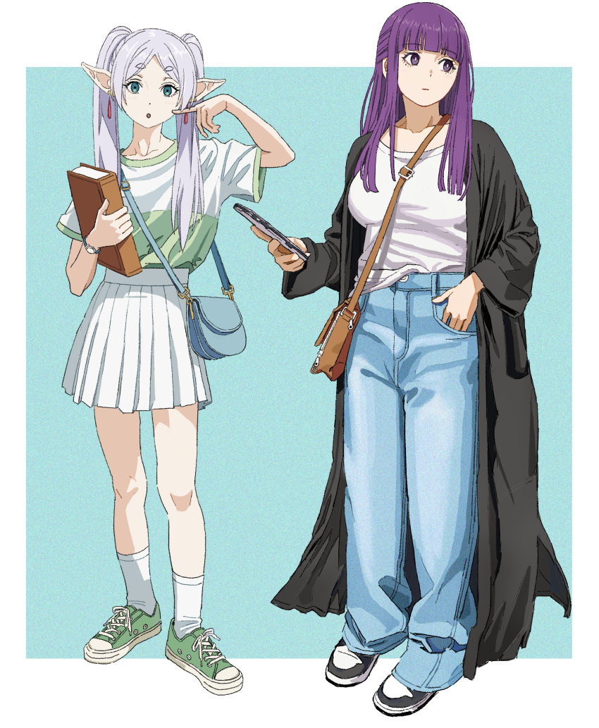 2girls :o alternate_costume aqua_background bag black_jacket blue_bag blunt_bangs book border breasts brown_bag closed_mouth converse denim dot_nose drop_earrings earrings elf expressionless fern_(sousou_no_frieren) frieren full_body green_footwear green_shirt grey_hair hand_in_pocket highres holding holding_book holding_phone jacket jeans jewelry large_breasts long_hair multiple_girls open_mouth outside_border pants parted_bangs phone pleated_skirt pointy_ears purple_hair shiren_(ourboy83) shirt shirt_tucked_in shoes shoulder_bag skirt socks sousou_no_frieren standing twintails two-tone_shirt white_border white_shirt white_skirt white_socks